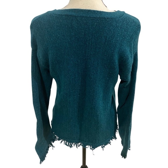 Anthropologie Alpaca and Wool Blend Sweater Sz XS Joy Fringed V-neck Teal Green - Picture 4 of 12
